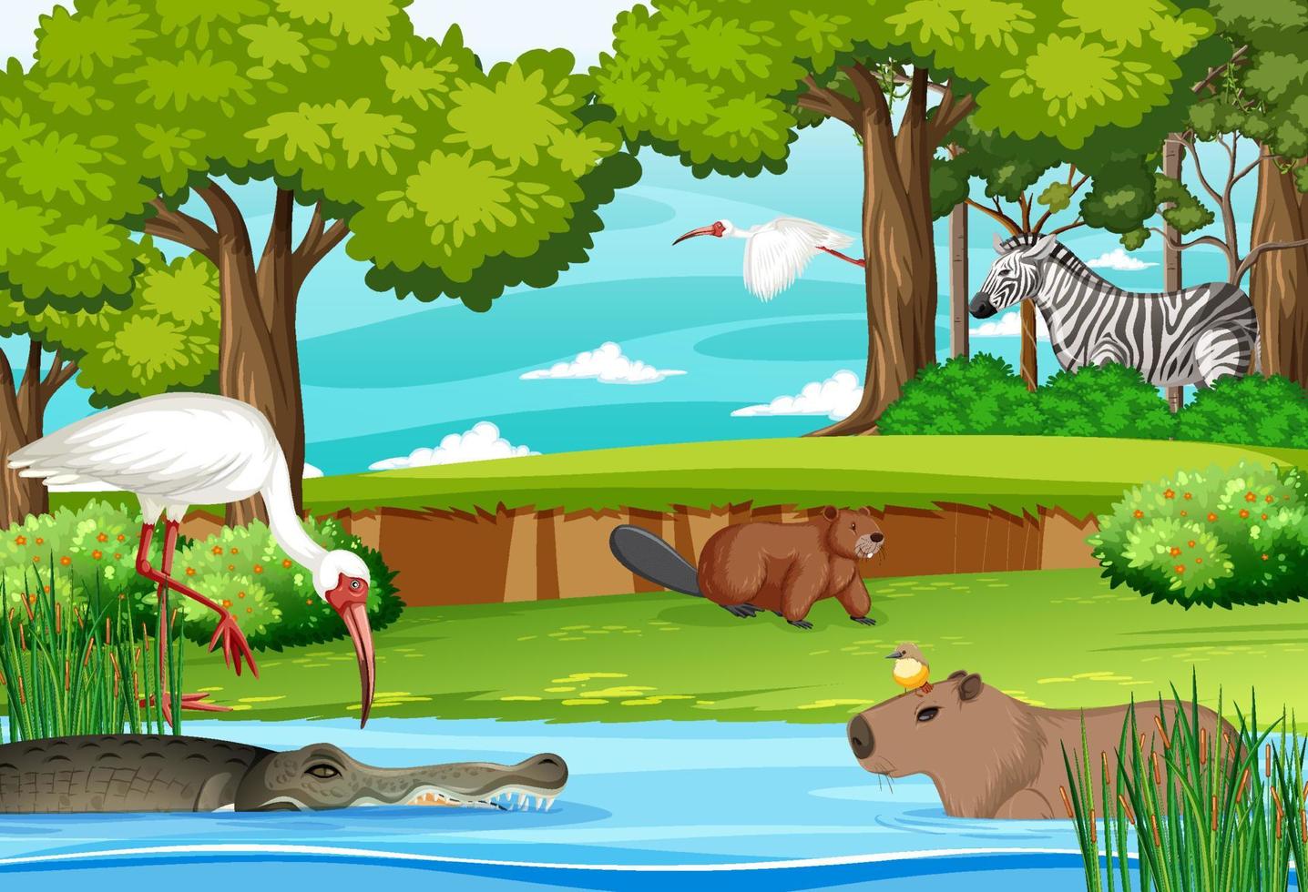 Various animals in the pond vector