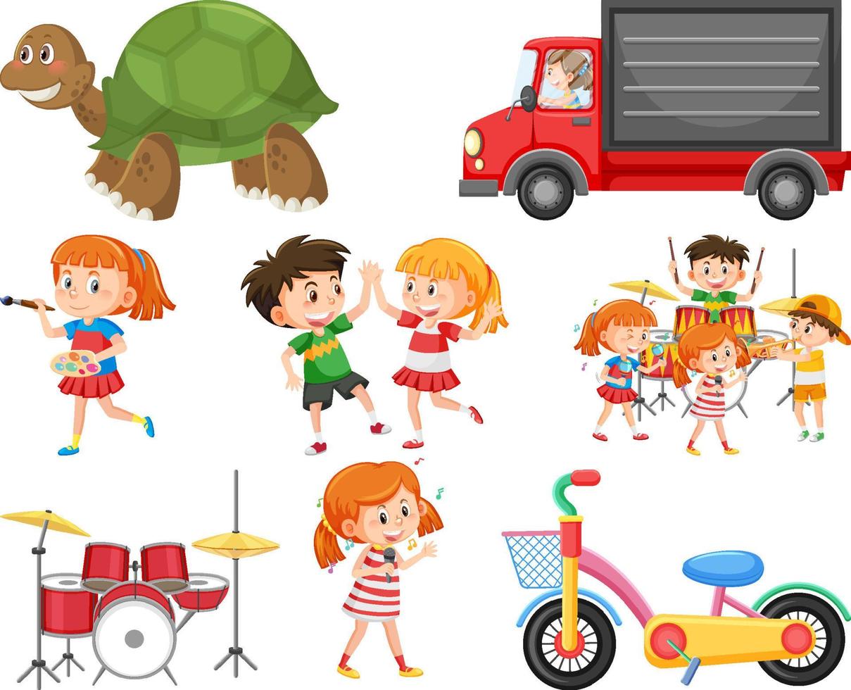 Set of different cute kids and objects vector