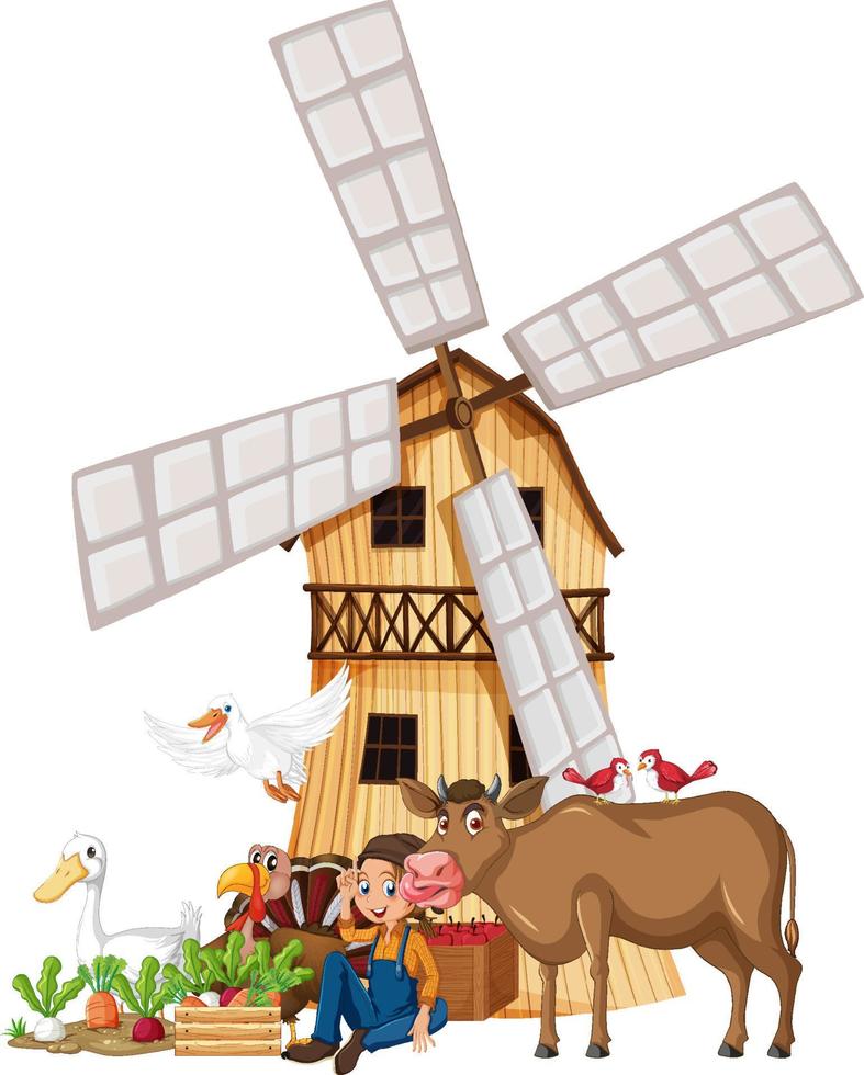 muchos animales de granja y granjero vector