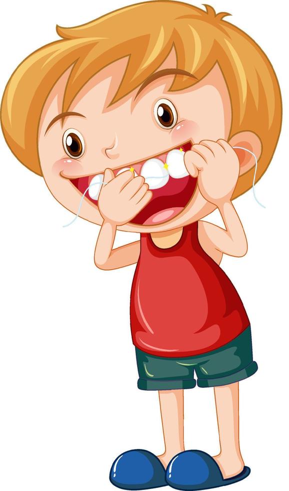 Cute boy cartoon character flossing teeth vector