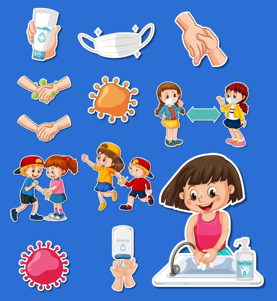 Sticker set of covid19 and cartoon character vector