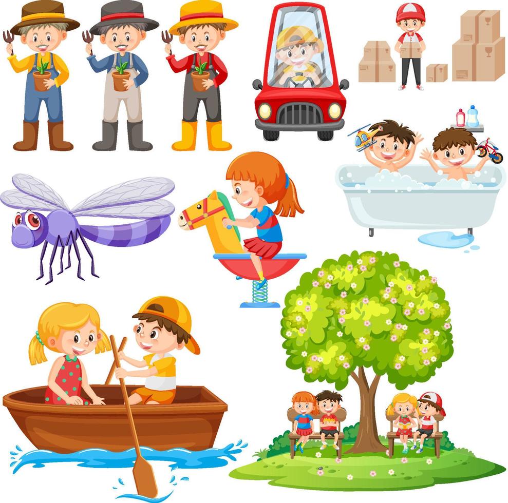 Set of different cute kids and objects vector