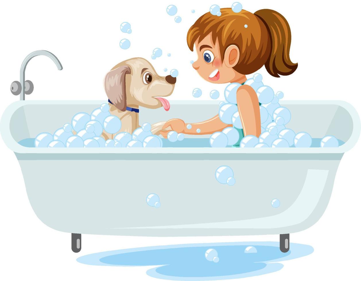 A girl taking a bath with a dog vector