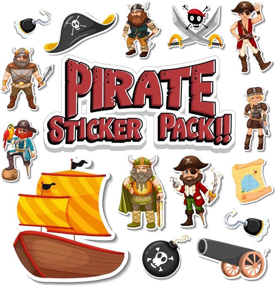 Sticker pack of pirate cartoon characters and objects vector