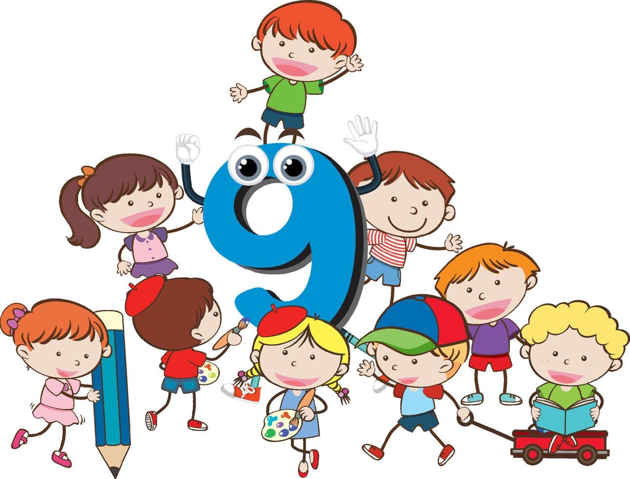 Nine kids attached to number nine vector