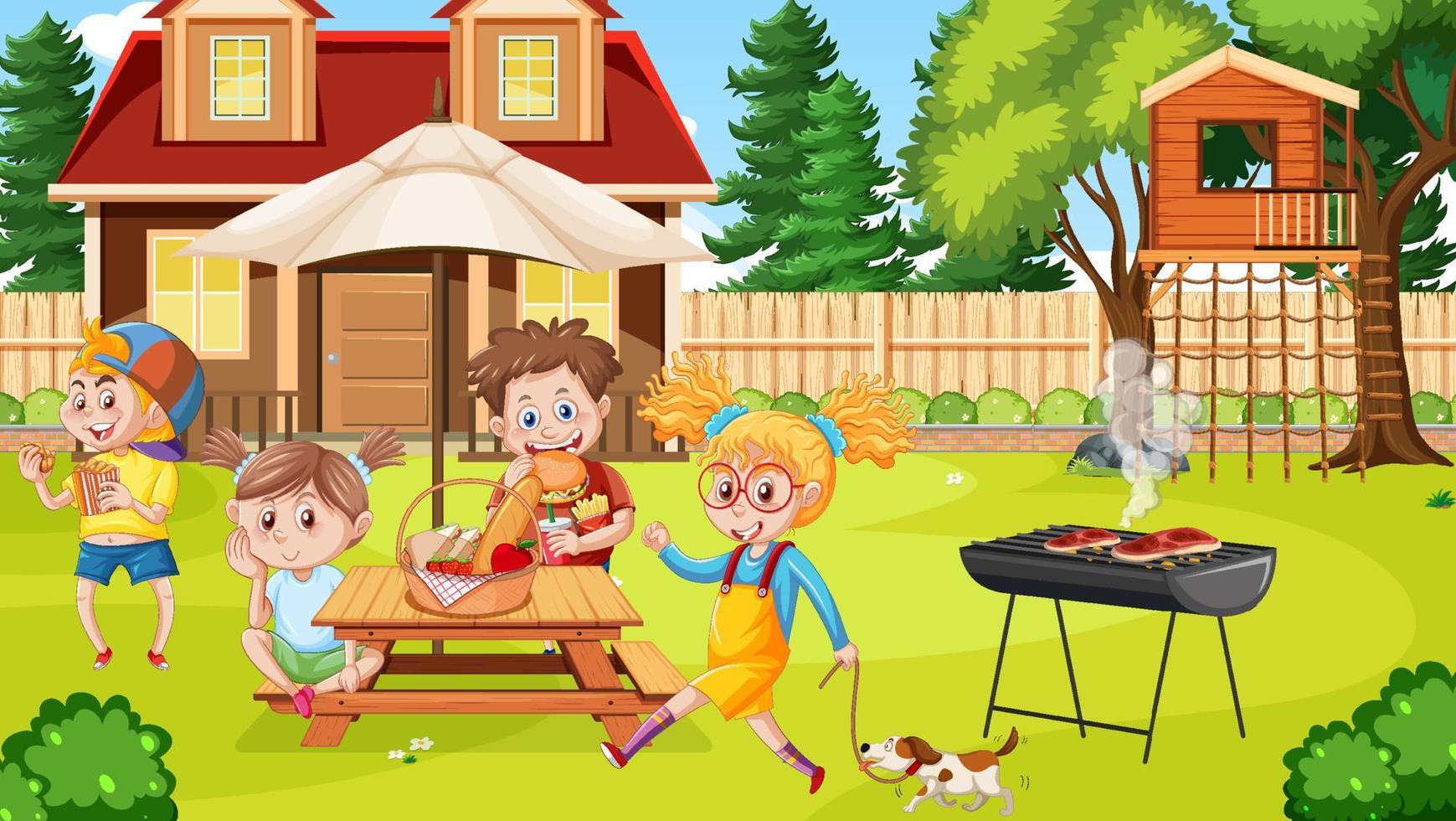Children doing activities at backyard vector