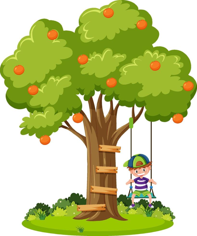 Boy playing swing under trees vector