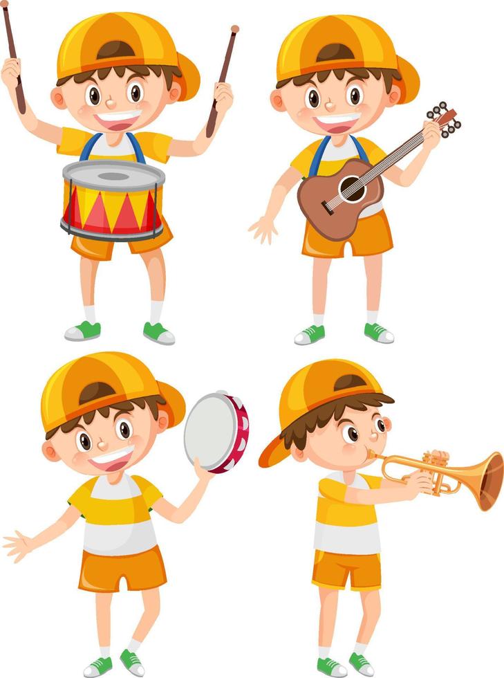 Set of boy wearing cap playing music instrument vector