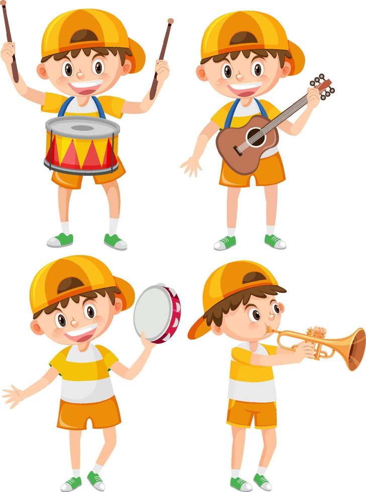 conjunto de niño con gorra tocando instrumento musical vector