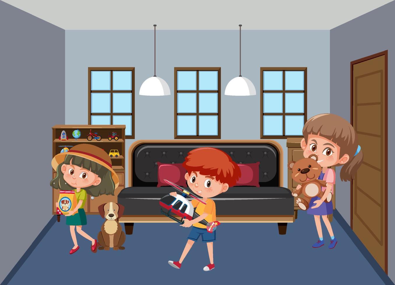 Bedroom scene with children cartoon character vector