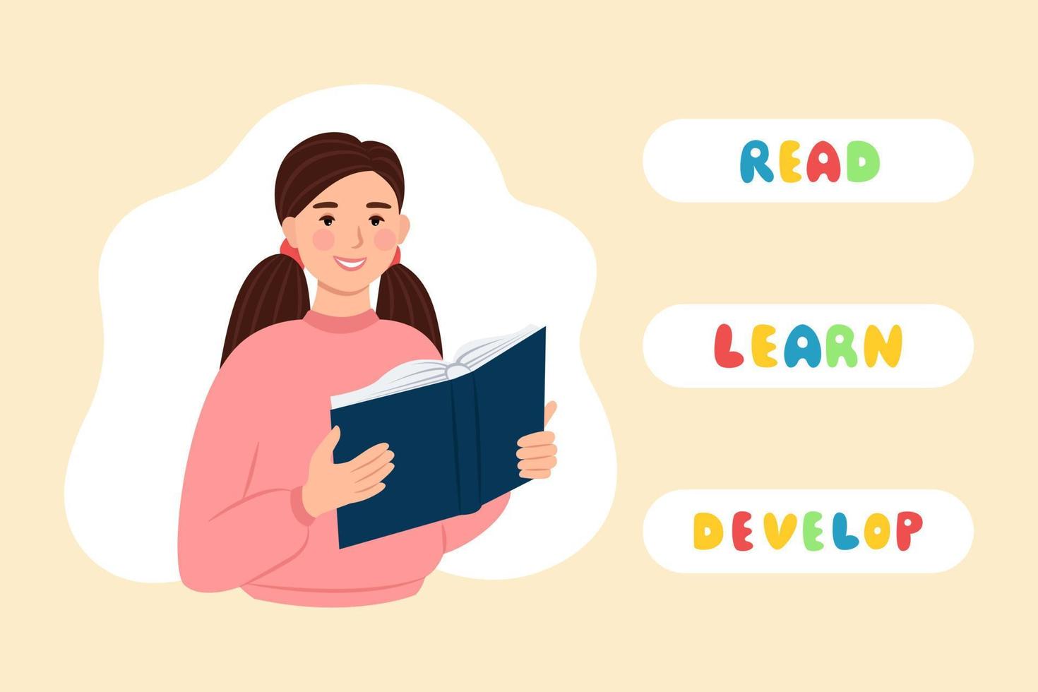 Smiling girl with open book in hands banner. Education and study, vector illustration in flat style