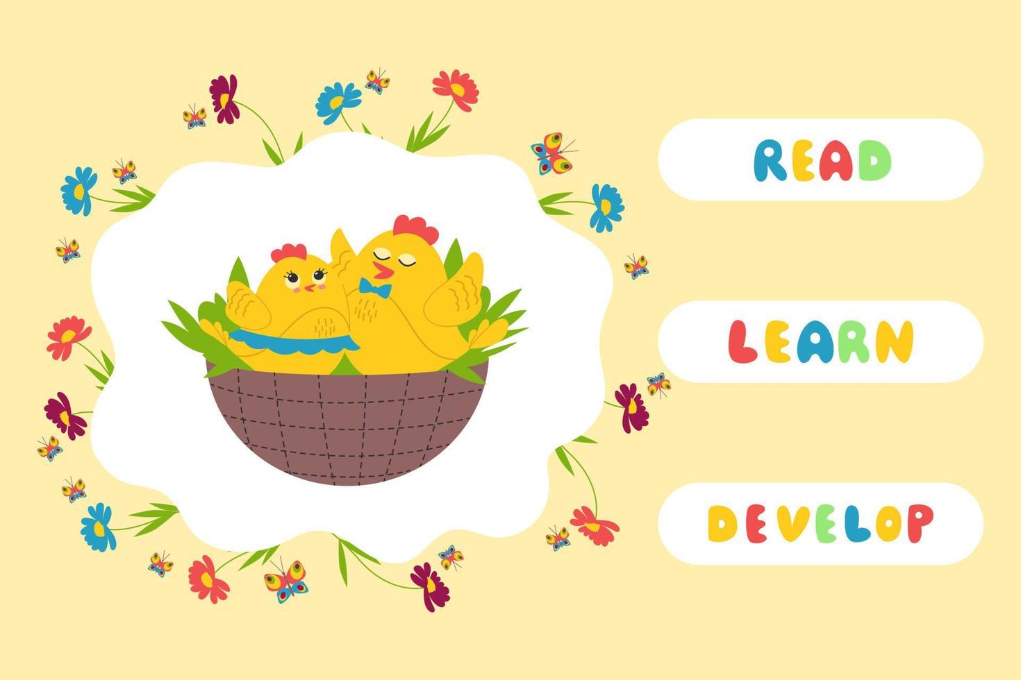 Cute chickens, Educational games for kids, Read, Learn, Develop banner. Vector illustration