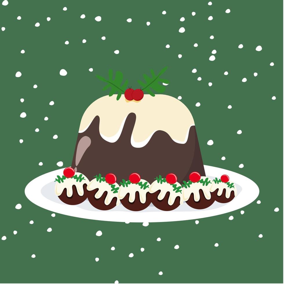 Christmas pudding vector  A traditional holiday season dessert with a creamy top.  With snow background