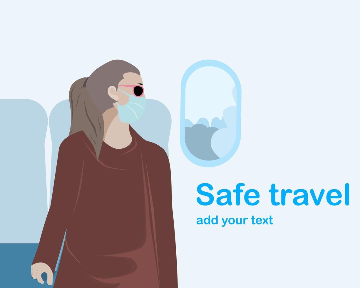 A woman wearing a mask to prevent infection. Sitting on a plane. The concept of safe travel in the new normal. vector