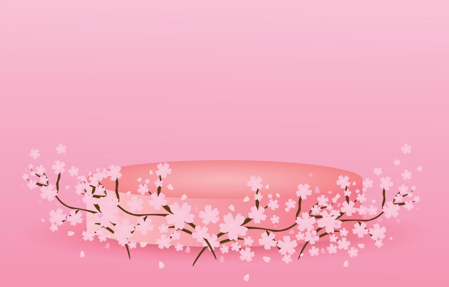 sakura rosa decorado con pedestal redondo, con espacio libre para el diseño, vector de ilustración de fondo de flor de primavera