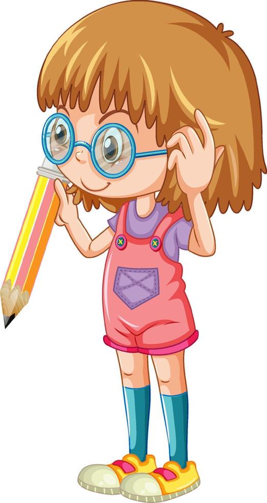 Girl holding pencil cartoon character on white background vector
