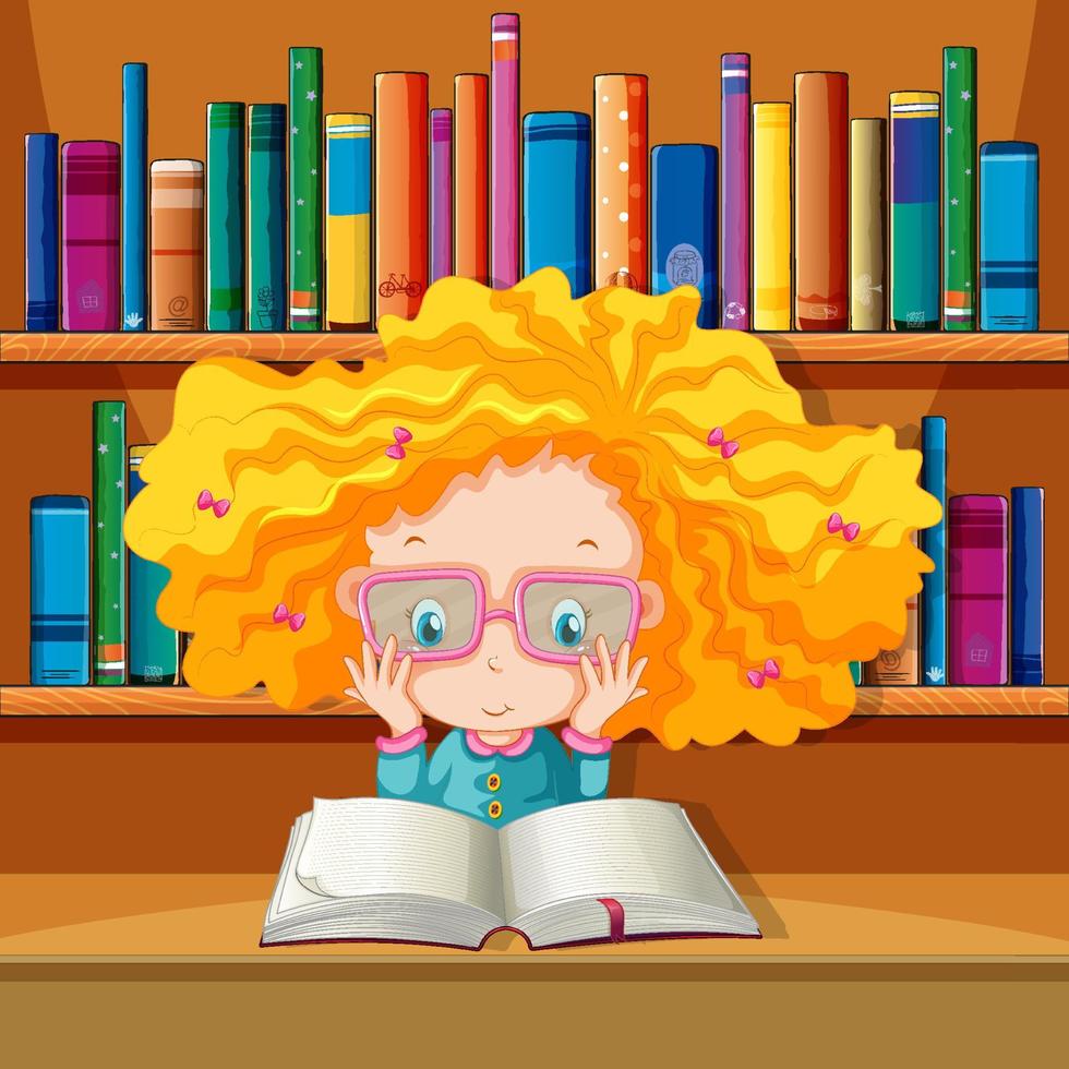 A girl reading a book in library vector