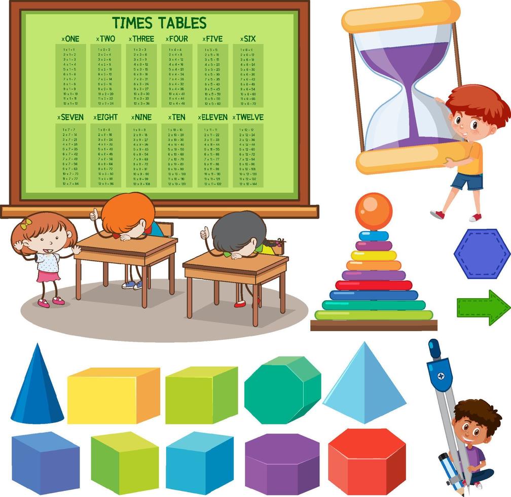 Math classroom objects with supplies and students vector