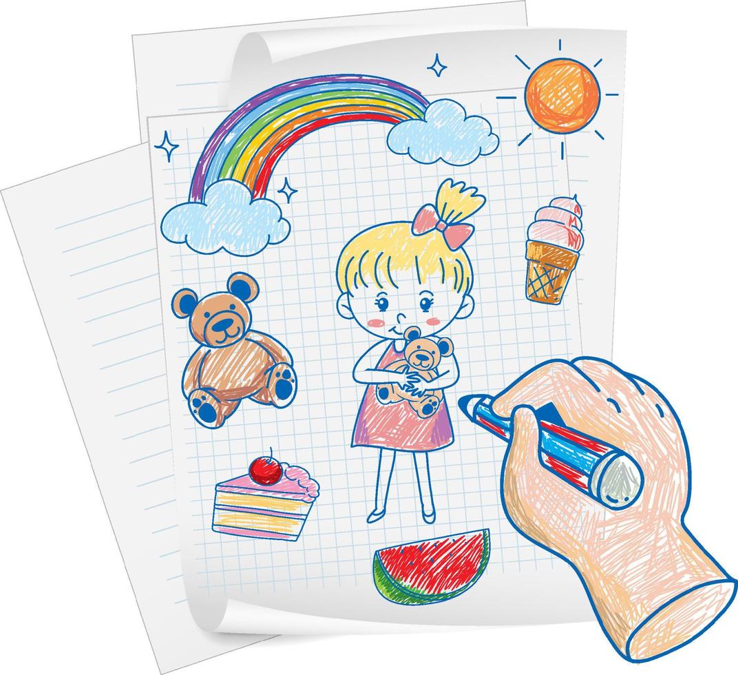 Coloured hand drawn cute girl and objects vector