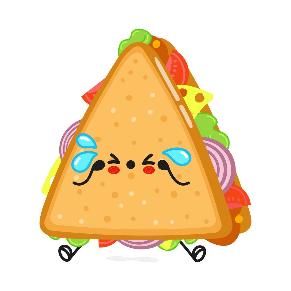 lindo personaje de sándwich triste. icono de ilustración de personaje kawaii de dibujos animados dibujados a mano vectorial. aislado sobre fondo blanco. concepto de personaje de sándwich triste vector