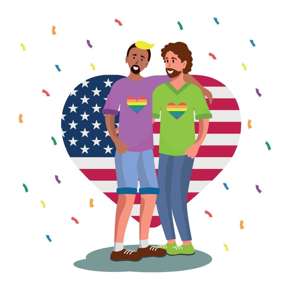 LGBT family on the background of the USA flag, two men white background - Vector
