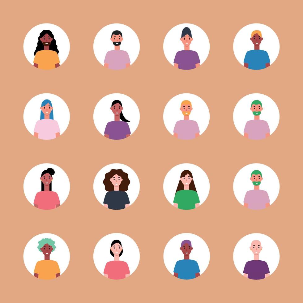 conjunto de 16 avatares en círculos con rostros de jóvenes. imagen de diferentes razas y nacionalidades, mujeres y hombres. conjunto de iconos de perfil de usuario. insignias redondas con gente feliz - vector
