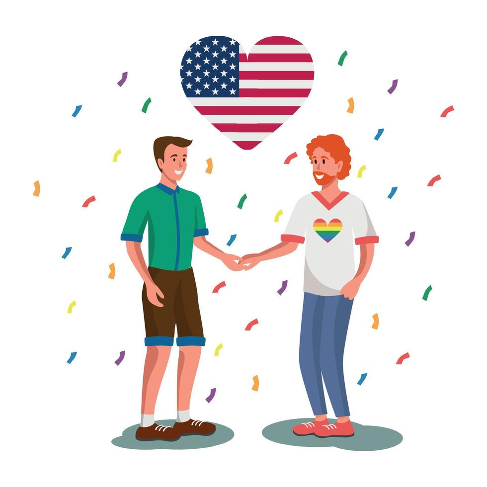 LGBT family on the background of the USA flag, two men holding hands white background - Vector