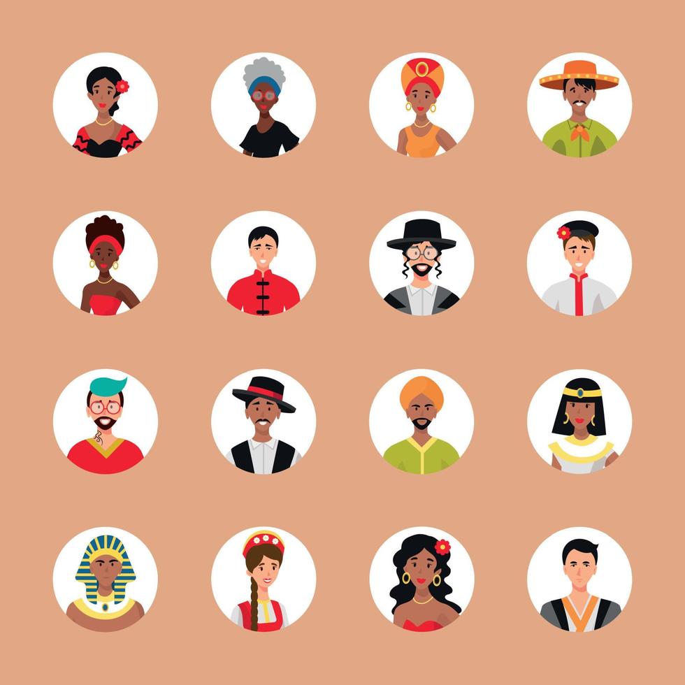 conjunto de 16 avatares en círculos con rostros de jóvenes. imagen de diferentes razas y nacionalidades, mujeres y hombres. conjunto de iconos de perfil de usuario. insignias redondas con gente feliz - vector