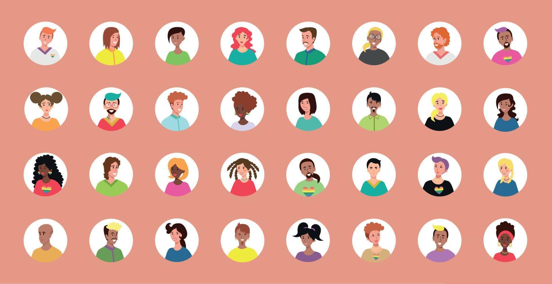 conjunto de 32 avatares en círculos con rostros de jóvenes. imagen de diferentes razas y nacionalidades, mujeres y hombres. conjunto de iconos de perfil de usuario. insignias redondas con gente feliz - vector