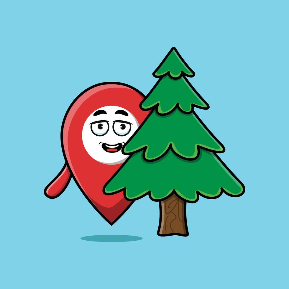 Cute dibujos animados pin ubicación personaje escondido árbol vector