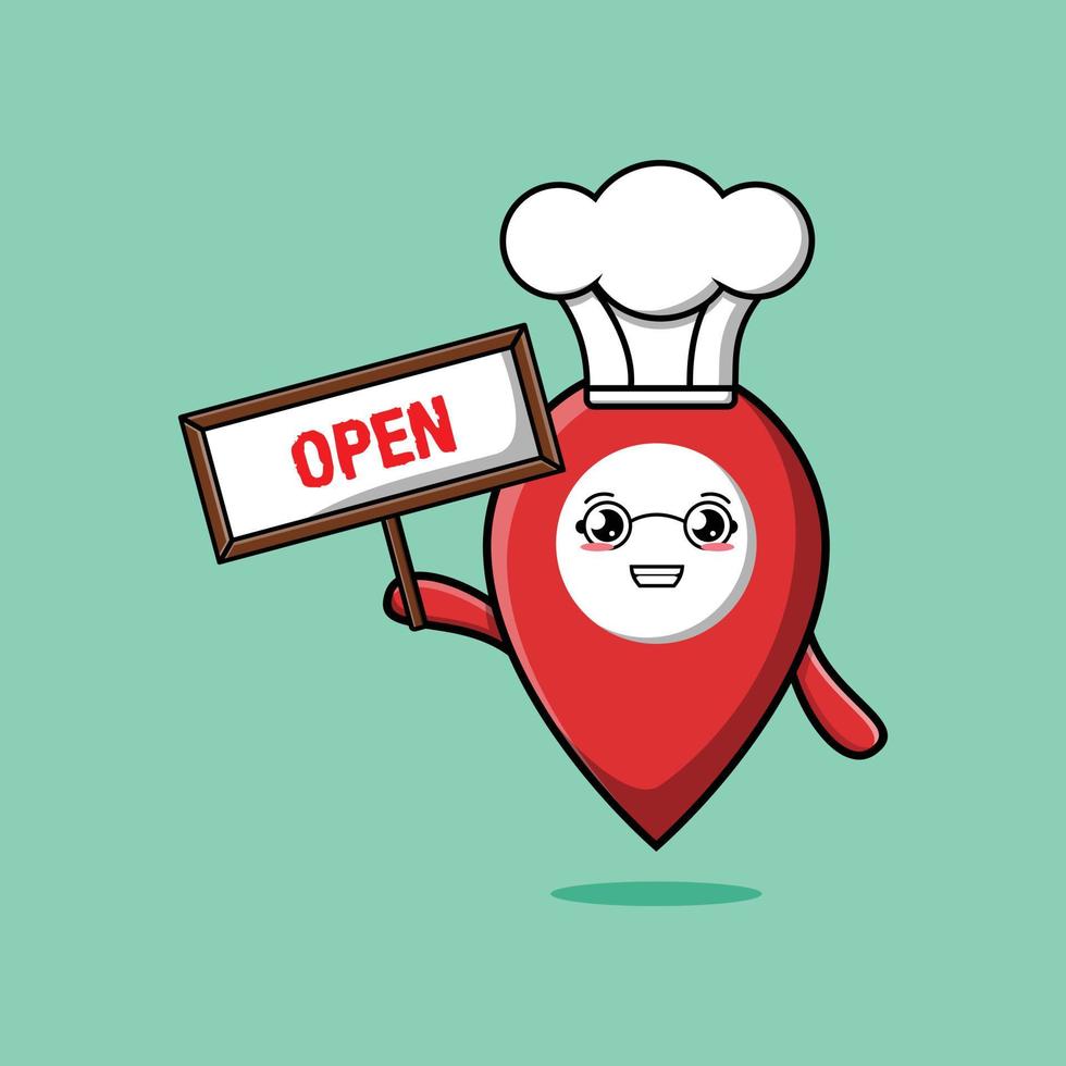 Cute cartoon pin location chef holding open sign vector