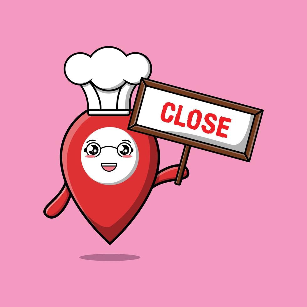 Cute cartoon pin location chef holding close sign vector