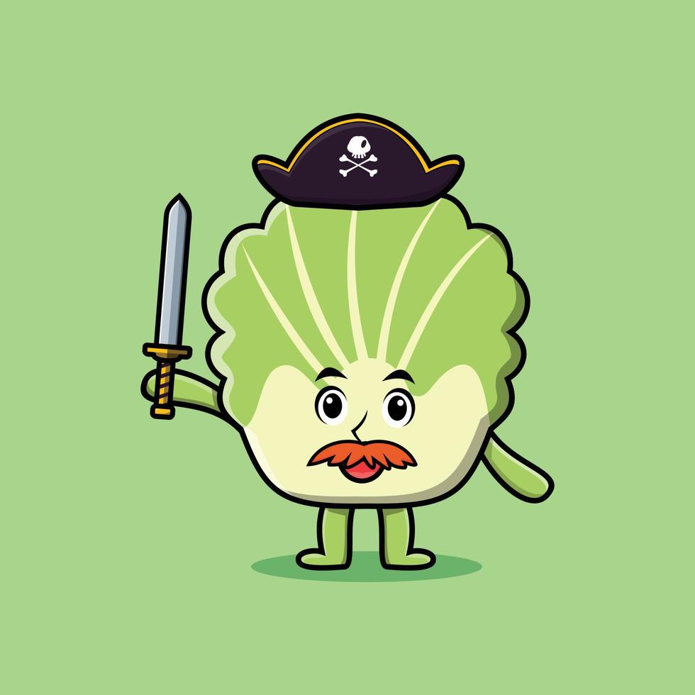 cartoon Chinese cabbage pirate with treasure box vector