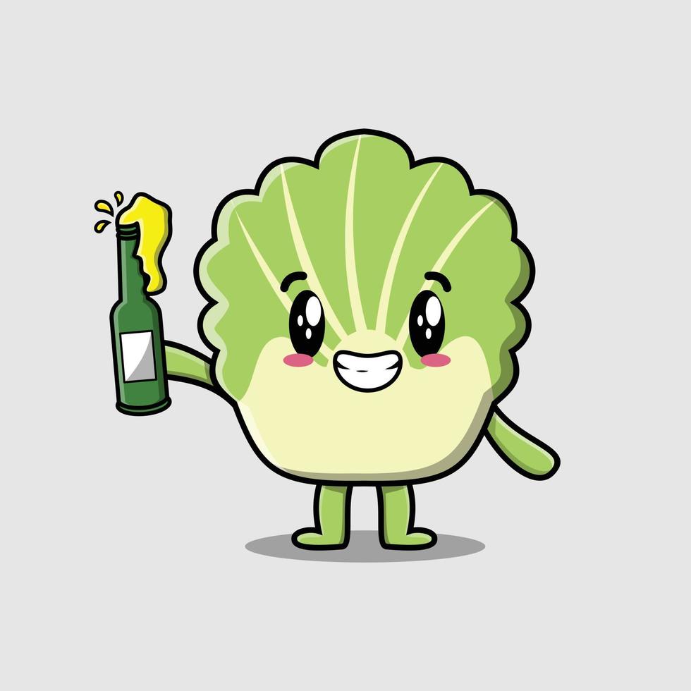 Cute cartoon Chinese cabbage with soda bottle vector