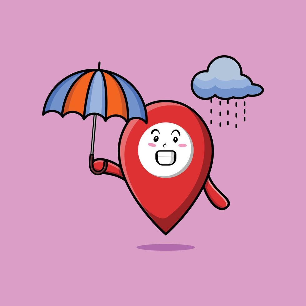 Cute cartoon pin location in rain using umbrella vector