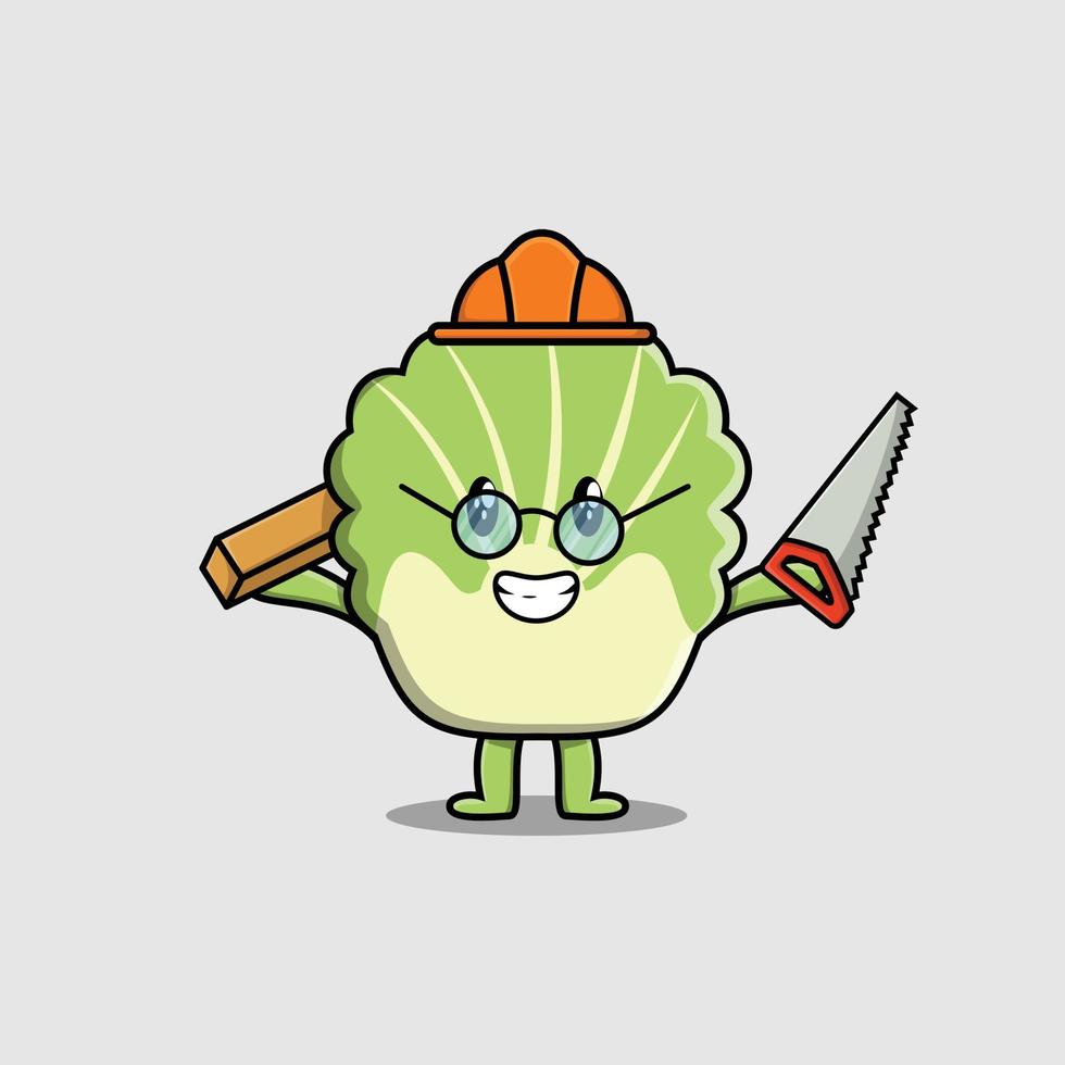 Cute cartoon chinese cabbage as carpenter with saw vector