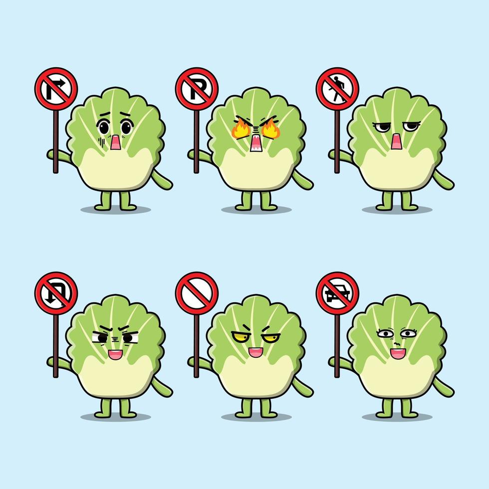 Cute chinese cabbage cartoon character holding traffic sign in modern 3d style design vector