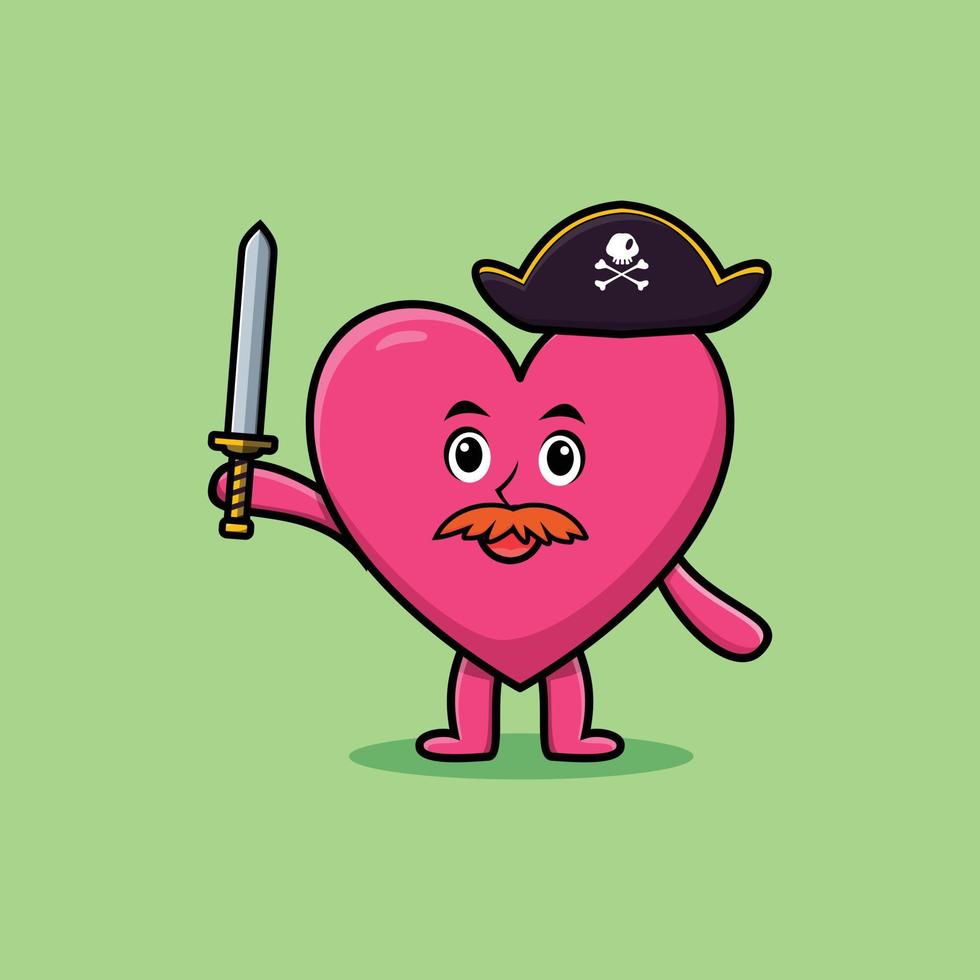 Pirata encantador corazón de dibujos animados con sombrero y espada vector