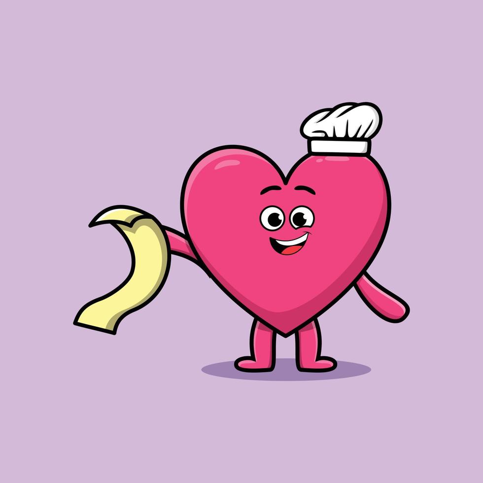 Cute cartoon lovely heart chef with menu in hand vector