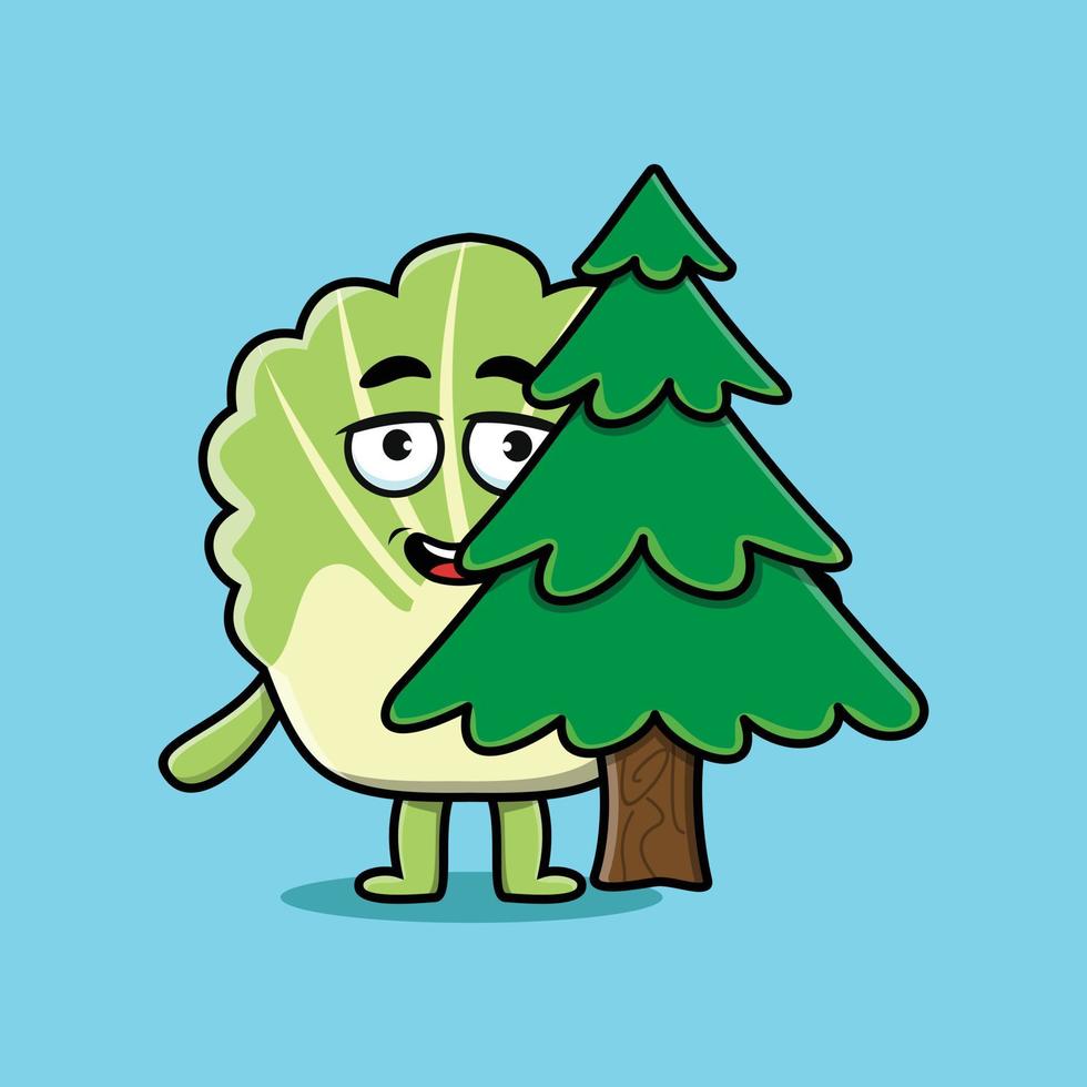 Cute cartoon Chinese cabbage character hiding tree vector