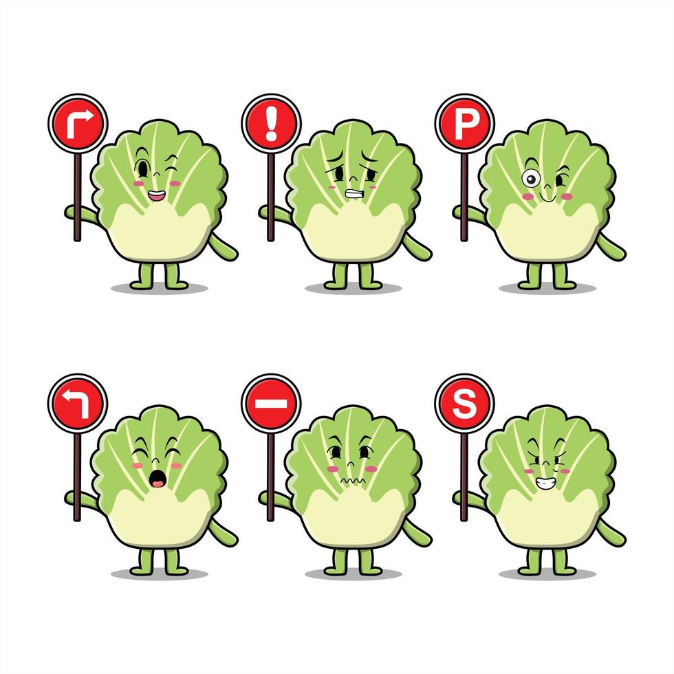 Cute chinese cabbage cartoon character holding traffic sign in modern 3d style design vector