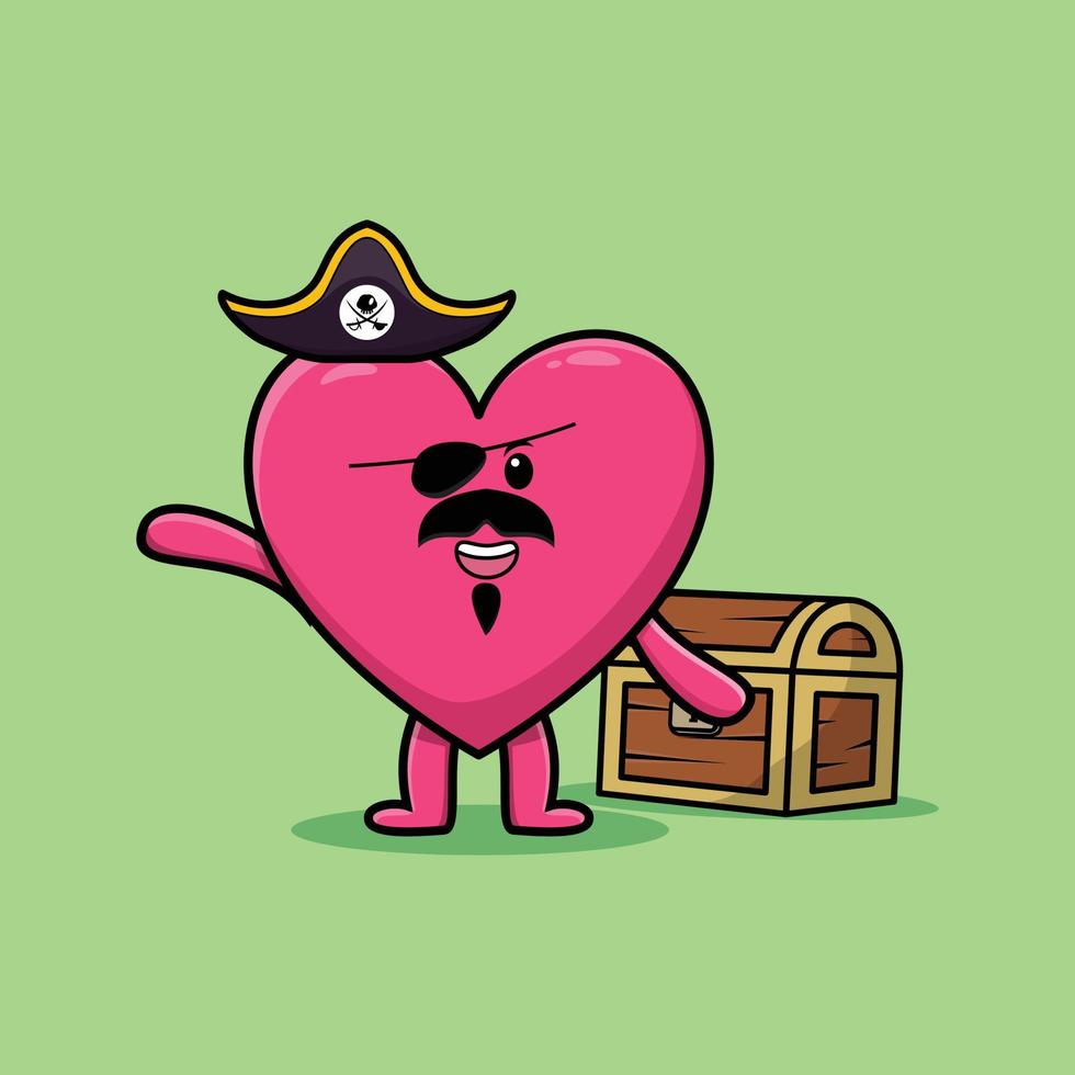 Pirata de corazón encantador de dibujos animados lindo con cofre del tesoro vector