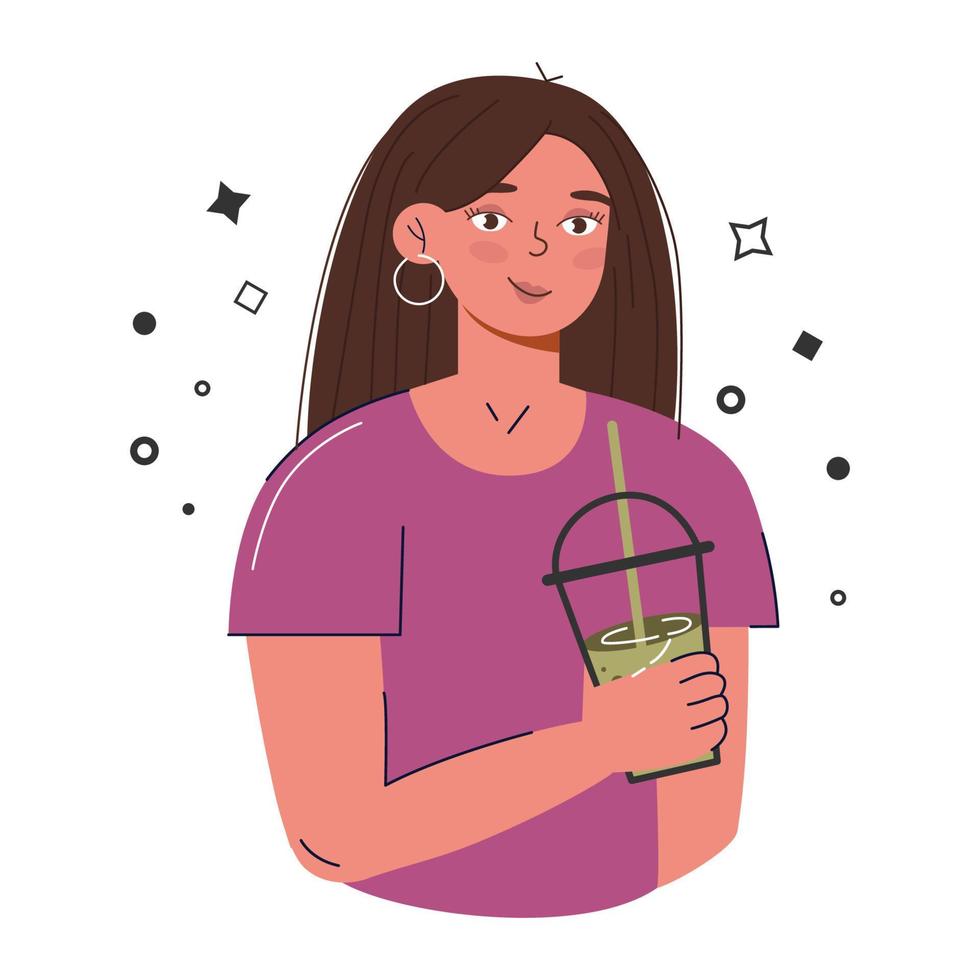 té verde matcha servido y bebido por una mujer joven. k. alimentos orgánicos a base de hierbas. cultura japonesa del té. cultura asiática. bebida saludable matcha latte vector