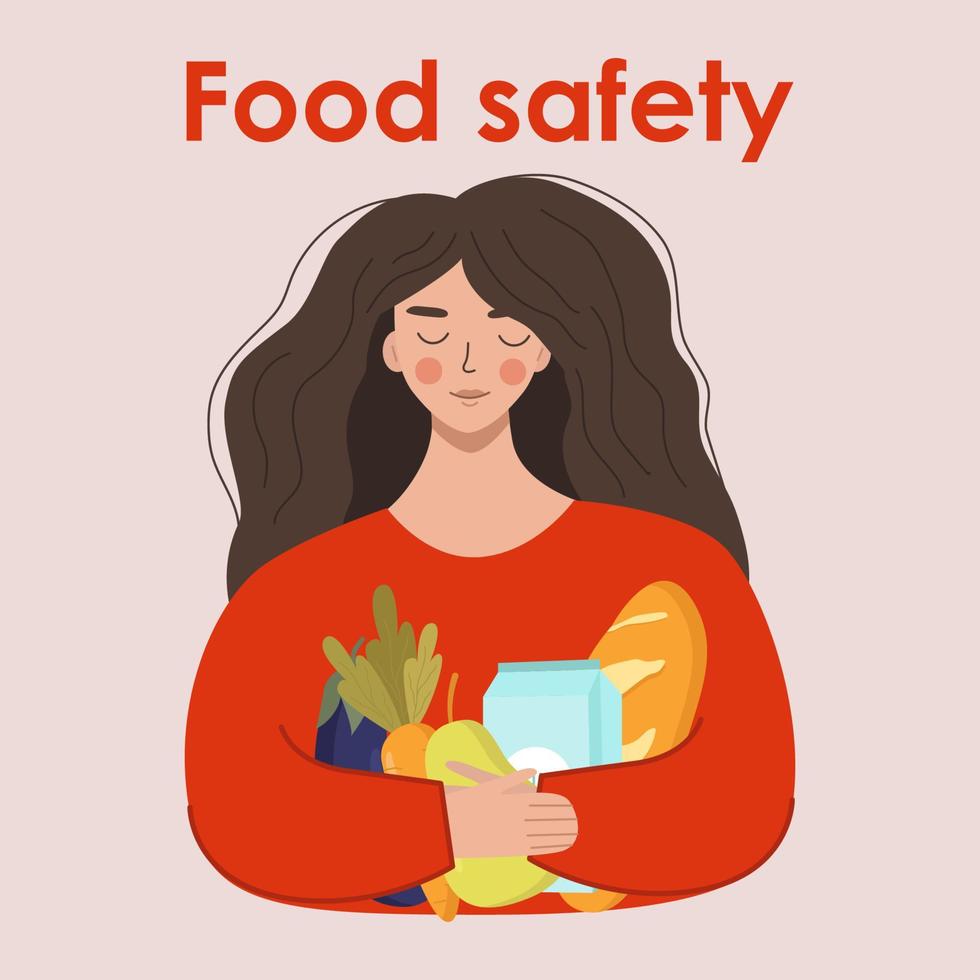 A girl holds groceries. The concept of a flat vector illustration of the safety of healthy eating for a banner, website, landing page template, advertising and flyer