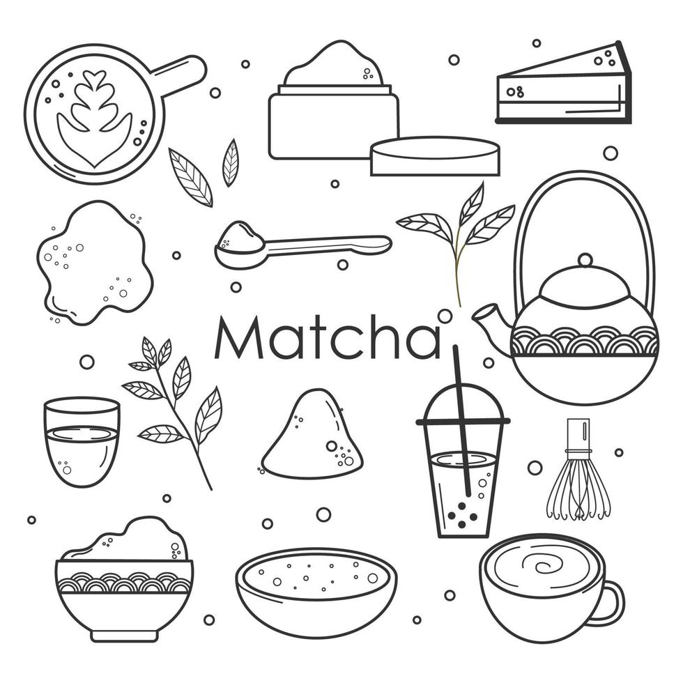Big set of different matcha tea products in the style of doodles.  Japanese tea culture. Matcha Latte is a healthy drink.Hand-drawn vector color fashion illustration.