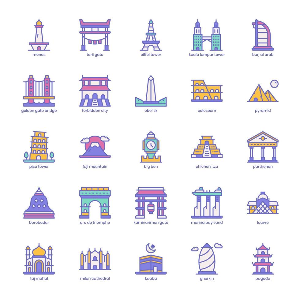 Landmark icon pack for your website design, logo, app, UI. Landmark icon filled color design. Vector graphics illustration and editable stroke.