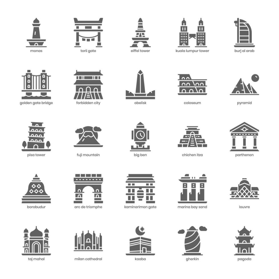 paquete de iconos emblemáticos para el diseño de su sitio web, logotipo, aplicación, interfaz de usuario. diseño de glifo de icono de punto de referencia. ilustración de gráficos vectoriales y trazo editable. vector