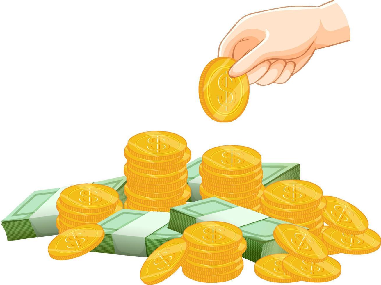 Hand taking a coin from money pile vector