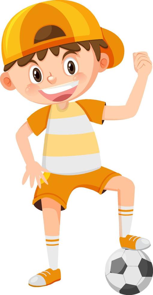 lindo, niño, juego, fútbol, caricatura vector