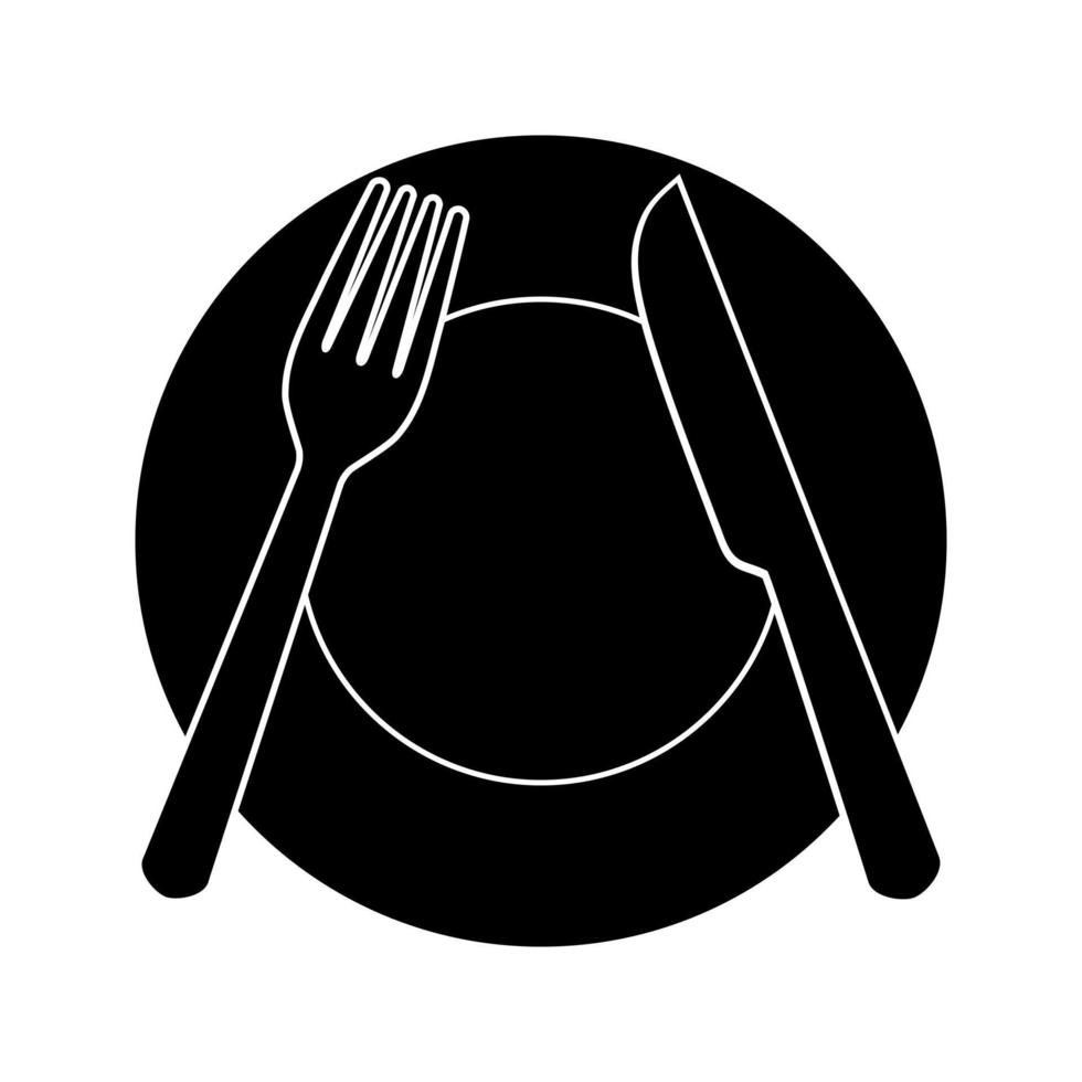 vector de icono de placa, tenedor y cuchillo en estilo plano. símbolo de comida aislado sobre fondo blanco.